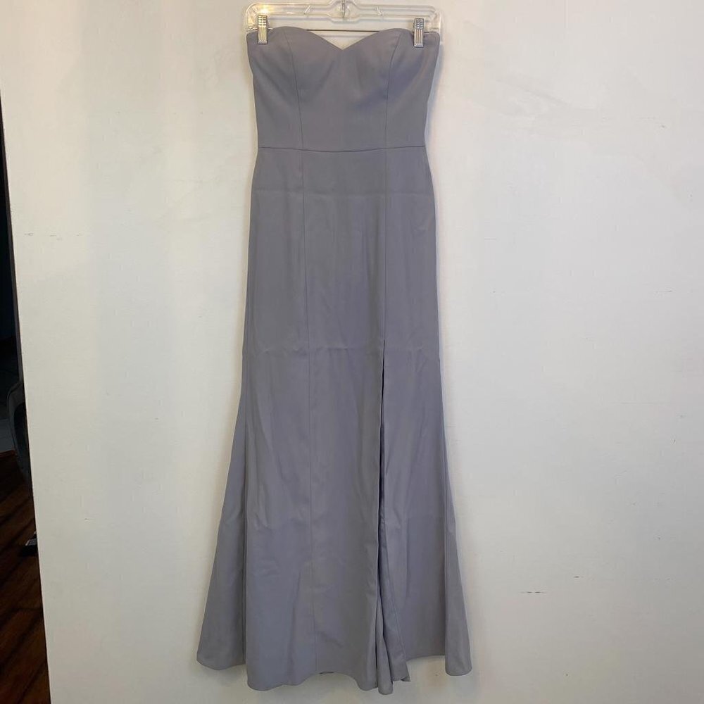 AFTER SIX gray strapless maxi bridesmaid dress
